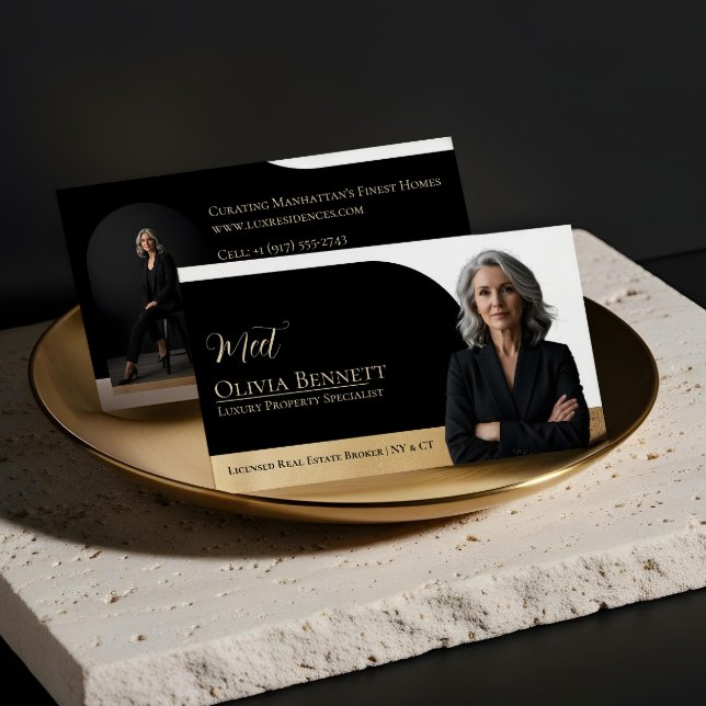 Luxury Real Estate Arch Frame Photo Black Gold Business Card (Luxury Real Estate Arch Frame Photo Black Gold Business Card)