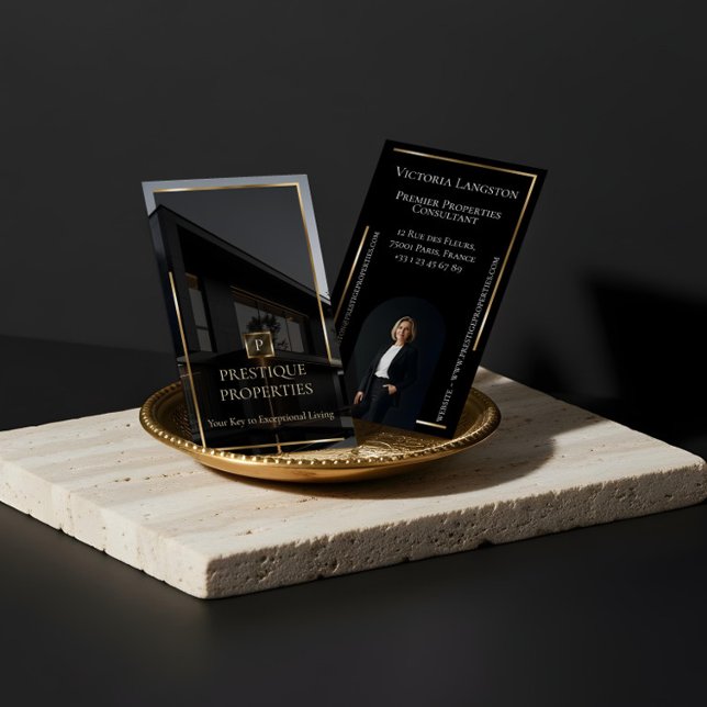 Luxury Real Estate Black Gold Photo Monogram Business Card (Luxury Real Estate Black Gold Photo Monogram Business Card)