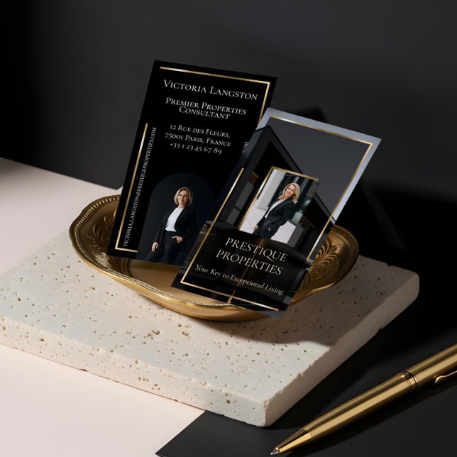 Luxury Real Estate Black Gold Photo Monogram Business Card (Luxury Real Estate Black Gold Photo Monogram Business Card)