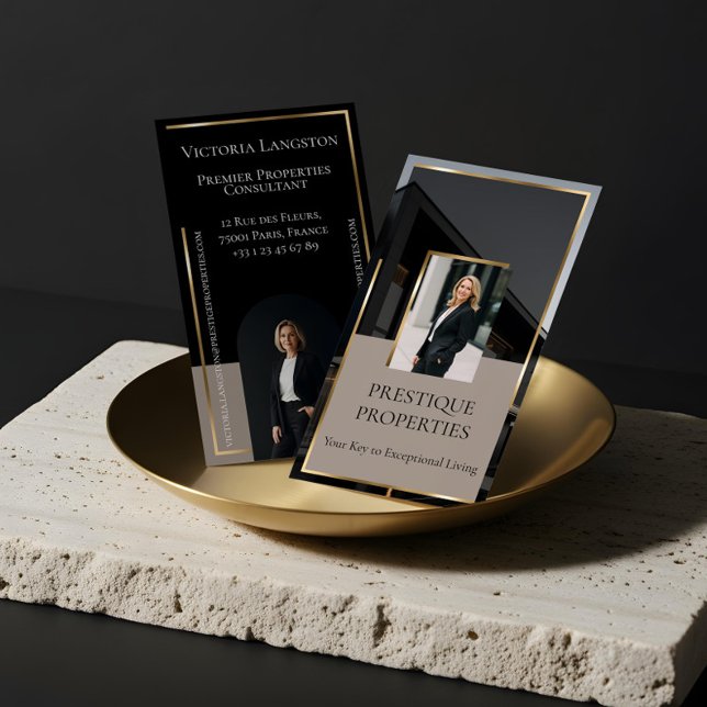 Luxury Real Estate Black Gold Photo Monogram Business Card (Luxury Real Estate Black Gold Photo Monogram Business Card)