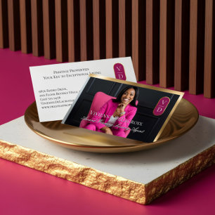 Luxury Real Estate Black Gold Pink Photo Monogram Business Card