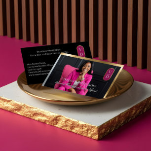 Luxury Real Estate Black Gold Pink Photo Monogram Business Card