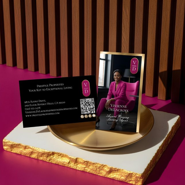 Luxury Real Estate Black Gold Pink Photo Monogram Business Card (Luxury Real Estate Black Gold Pink Photo Monogram Business Card)