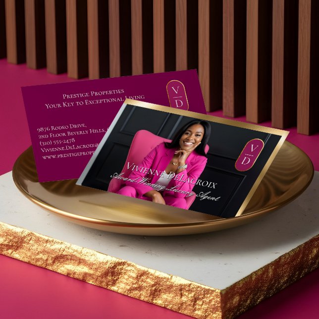 Luxury Real Estate Black Gold Pink Photo Monogram Business Card (Luxury Real Estate Black Gold Pink Photo Monogram Business Card)