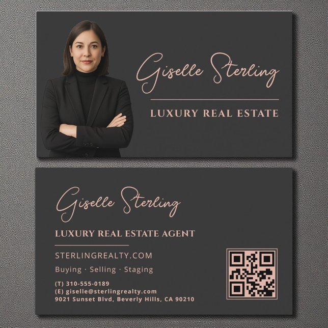 Luxury Real Estate Blush Pink QR Code Script Business Card (Creator Uploaded)