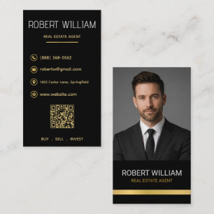 Luxury Real Estate Broker Black Gold QR Photo Business Card