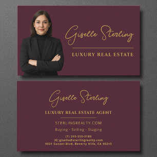 Luxury Real Estate Burgundy Gold Script  Business Card