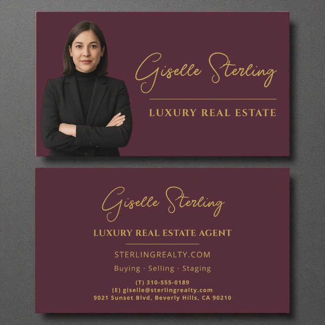 Luxury Real Estate Burgundy Gold Script  Business Card (Creator Uploaded)