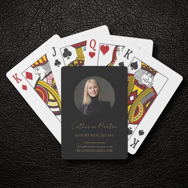 Luxury Real Estate Chic Black Gold Photo  Playing Cards (Luxury Business Poker Cards With Black and Gold Script and Photo)