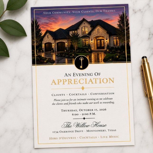 Luxury Real Estate Client Appreciation White |Gold (Luxury real estate client appreciation invitation with replaceable community photo and gold foil.)