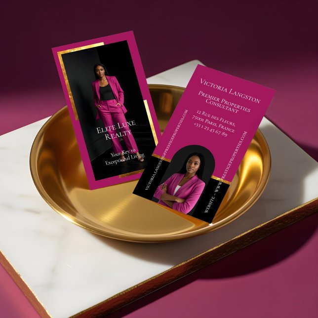 Luxury Real Estate Elegant Black Gold & Pink Photo Business Card (Luxury Real Estate Elegant Black Gold & Pink Photo Business Card)