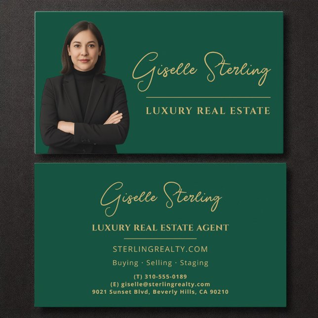 Luxury Real Estate Emerald Green Gold Script  Business Card (Creator Uploaded)