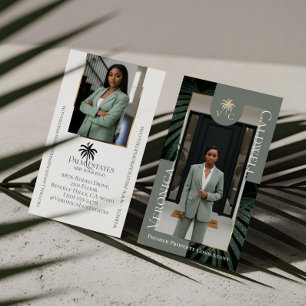Luxury Real Estate Firm Palm Tree Monogram Photo Business Card