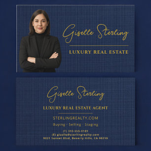 Luxury Real Estate Navy Blue Gold Linen Business Card