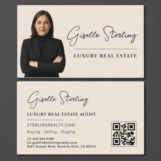 Luxury Real Estate Neutral Beige QR Code  Business Card (Creator Uploaded)