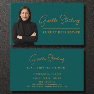 Luxury Real Estate Teal Copper Script  Business Card