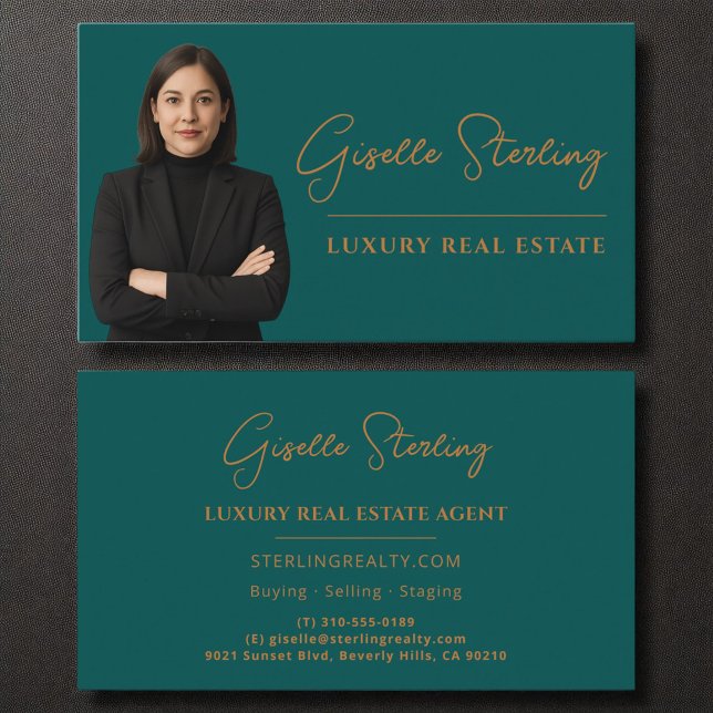 Luxury Real Estate Teal Copper Script  Business Card (Creator Uploaded)