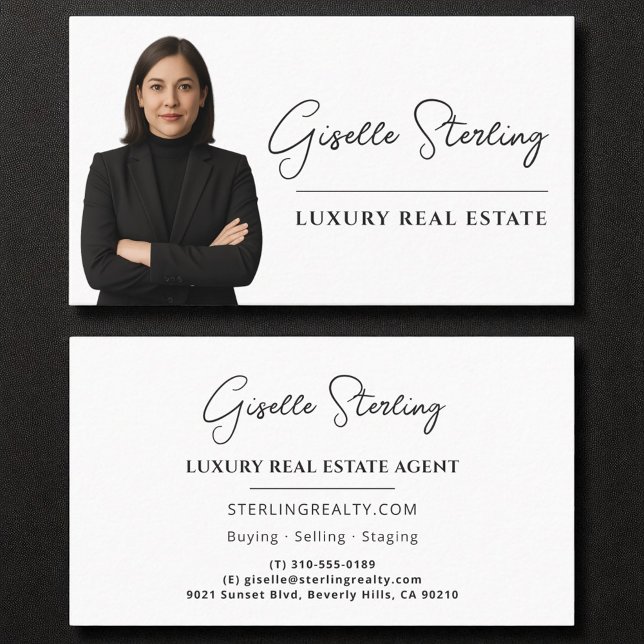 Luxury Real Estate White Black Script  Business Card (Creator Uploaded)
