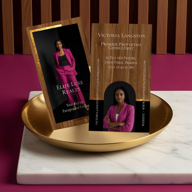 Luxury Real Estate Woodgrain & Gold Arch Photo Business Card (Luxury Real Estate Woodgrain & Gold Arch Photo Business Card)