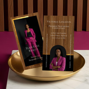 Luxury Real Estate Woodgrain & Gold Arch Photo Business Card