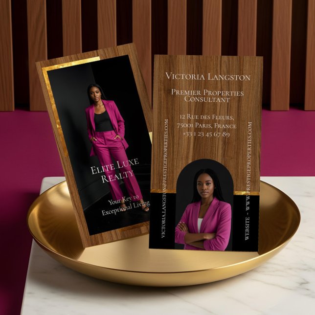 Luxury Real Estate Woodgrain & Gold Arch Photo Business Card (Luxury Real Estate Woodgrain & Gold Arch Photo Business Card)