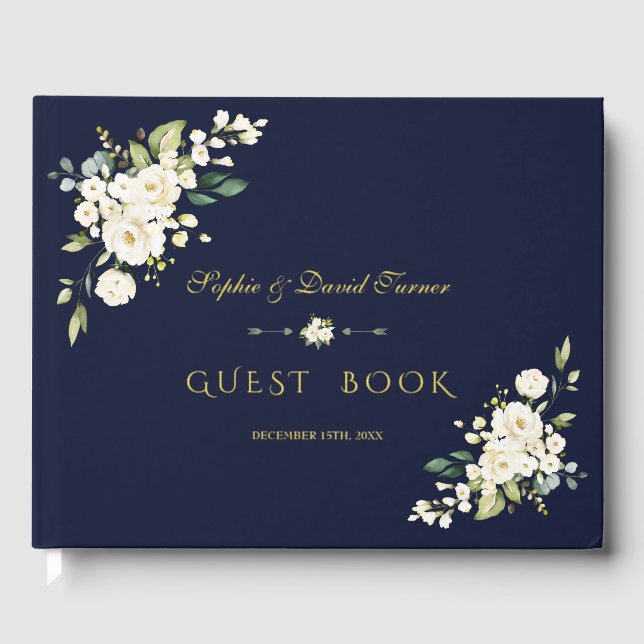 Luxury Real Foil White Flowers Navy Blue Wedding Guest Book (Front)