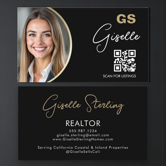Luxury Realtor QR Code Black Gold Photo  Business Card (Creator Uploaded)
