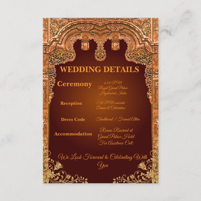 Luxury Red and Gold Wedding Details Card (Front)