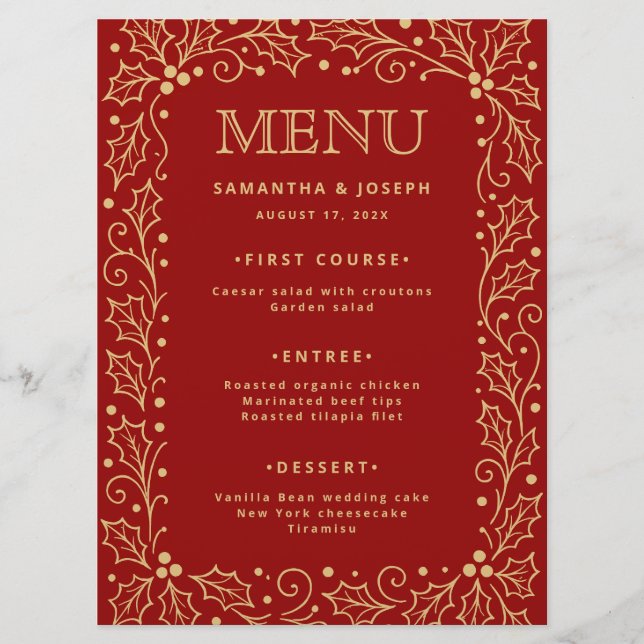 Luxury Red & Antique-Gold Wedding Menu Card (Front)