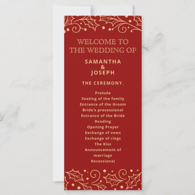 Luxury Red & Antique-Gold Wedding Program Card (Front)