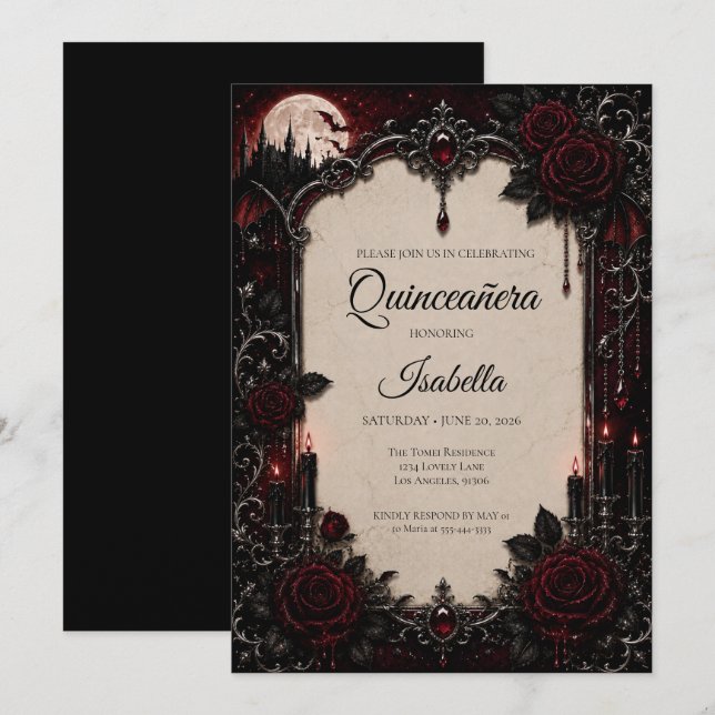 Luxury Red & Black Quinceañera Invitation (Front/Back)
