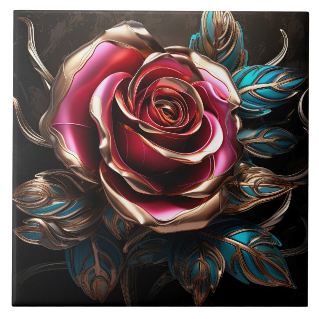 Luxury Red Blue Gold Rose 3D Effect Decor Print Tile (Front)
