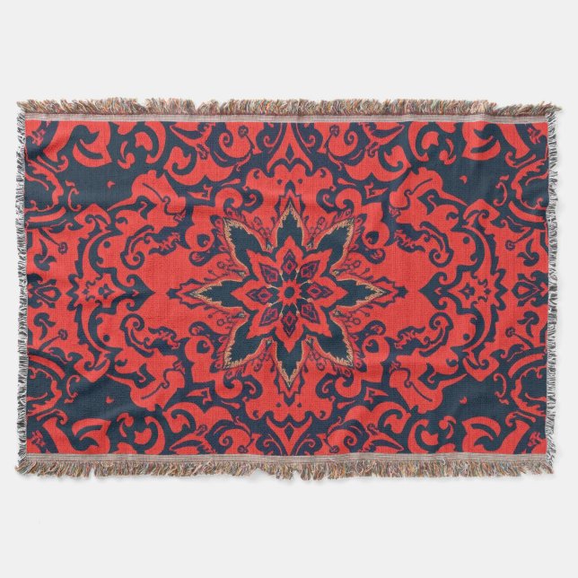 Luxury Red Blue Ornate Persian Medallion Pattern Throw Blanket (Front)