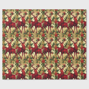Luxury Red Deer Moose Gold Snow merry Xmas Pattern Wrapping Paper