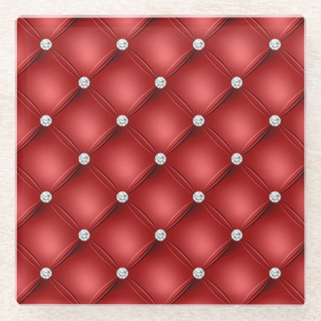 Luxury Red Diamond Tufted Pattern Glass Coaster (Front)