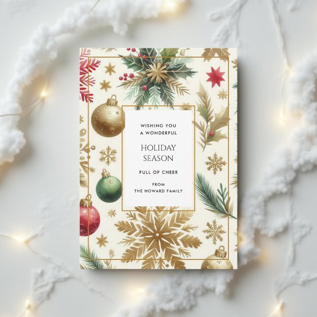 Luxury Red Green Gold Snowflake Holiday Card (Creator Uploaded)