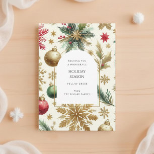 Luxury Red Green Gold Snowflake Holiday Card