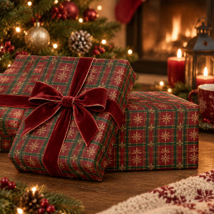 Luxury Red & Green Plaid with Ornate Gold Snowflak Wrapping Paper