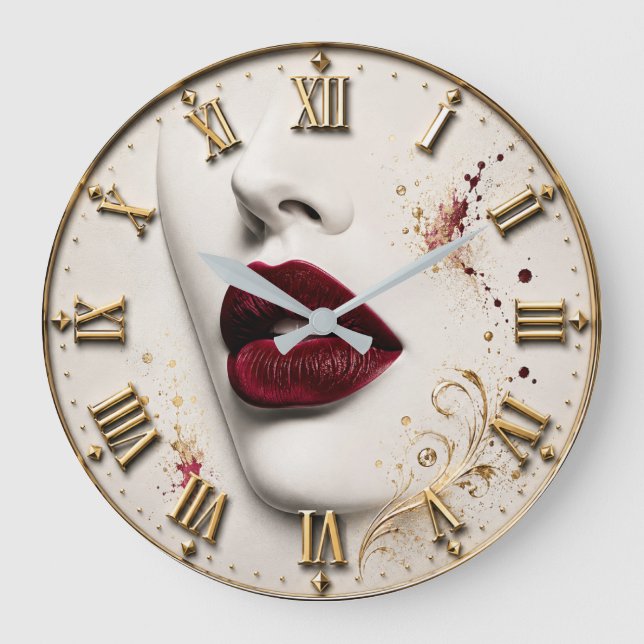 Luxury Red Lips Glamorous Beauty Art Modern  Large Clock (Front)