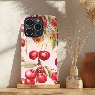 Luxury Red,  Pink and Gold Cherry Fruit Trellis  iPhone 15 Case