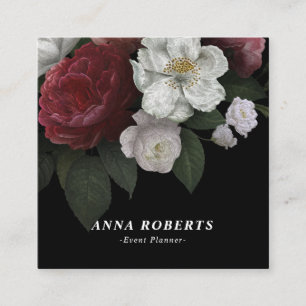 Luxury Red Pink White on Black Floral Square Business Card