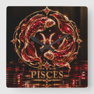 Luxury Red Pisces Zodiac Square Wall Clock