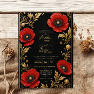 Luxury Red Poppy Black and Gold Floral Elegant  Invitation