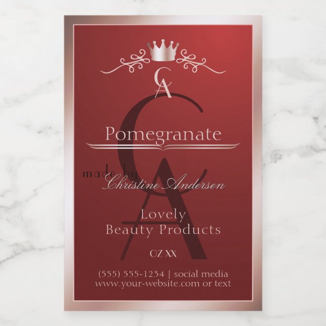 Luxury Red Product Label Rose Gold Frame Monogram (Single Label)
