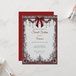 Luxury Red Silver Bow Sweet 16 Invitation