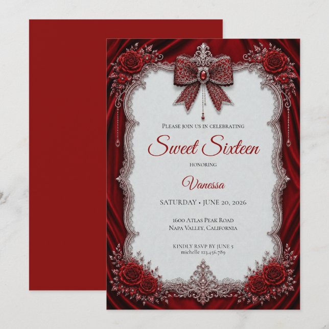 Luxury Red Silver Princess Sweet 16 Invitation (Front/Back)