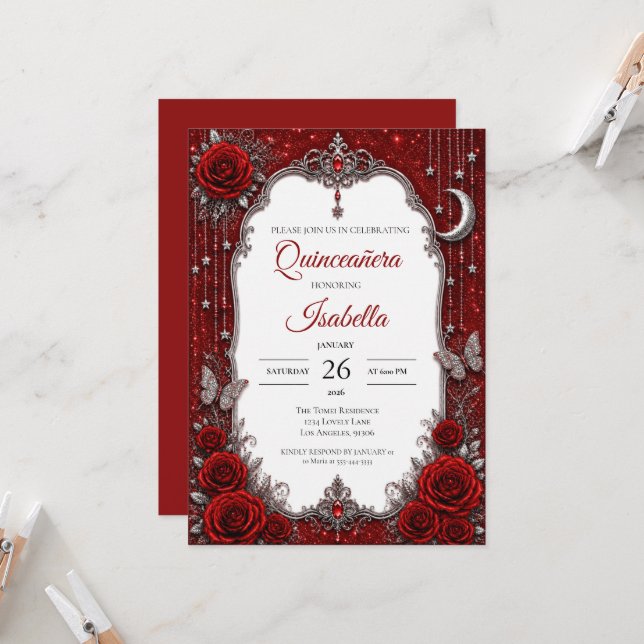 Luxury Red Silver Quinceañera Invitation (Front/Back In Situ)