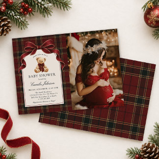 Luxury Red Tartan Teddy Bear Baby Shower Photo Invitation