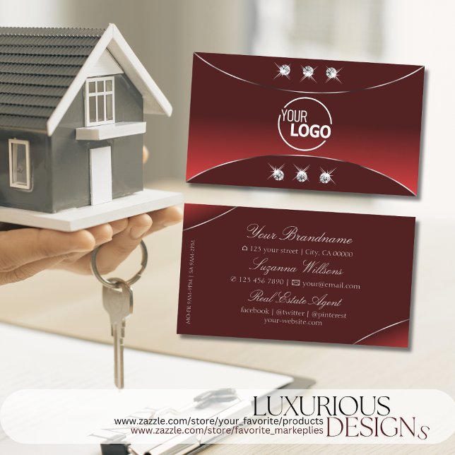 Luxury Red with Silver Decor Diamonds and Logo Business Card (Creator Uploaded)