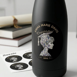 Luxury Rhinestone Graduation Cap Girl Black Gold Classic Round Sticker